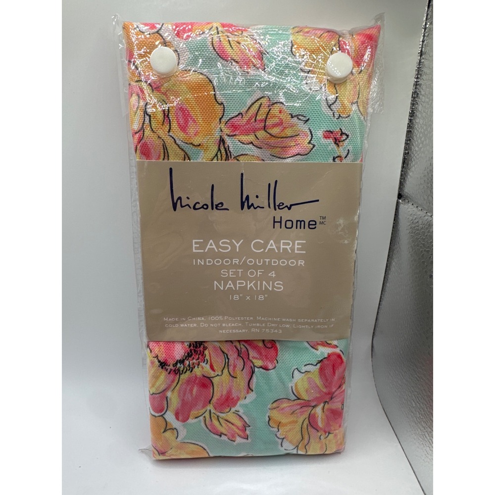 Nicole Miller Home Floral Indoor Outdoor Napkins Set of 4 Pink Mint 18x18 NEW